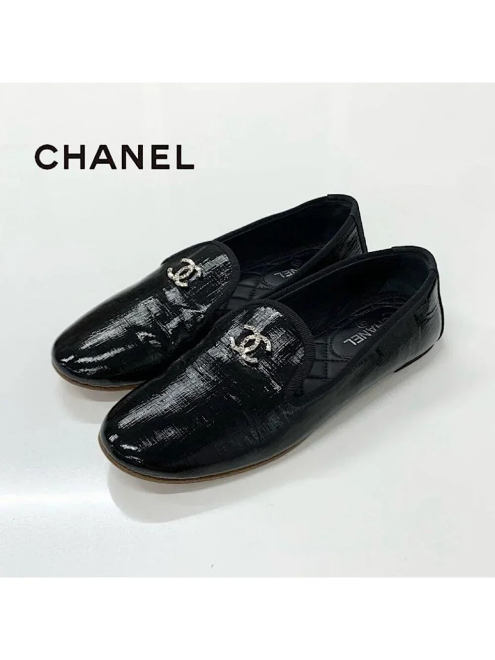 Chanel CC Logo Patent Quilted Opera Shoes Loafers Black